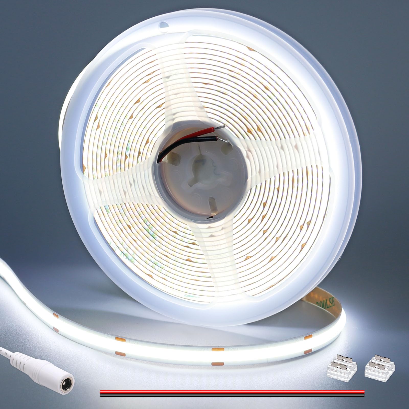 GOMING DC 12V COB LED Strip Light Cool White 6000K 16.4ft(5M) CRI 93+ Uniform Glow 312LEDs/M Flexible Not Waterproof IP20 LED Tape Lights for DIY Bedroom Kitchen Home Decor(No Power Supply)