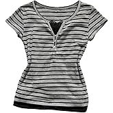MakeMeChic Women's Striped Henley Shirts Lace Button Up Cap Sleeve Fitted Y2k Tee Tops