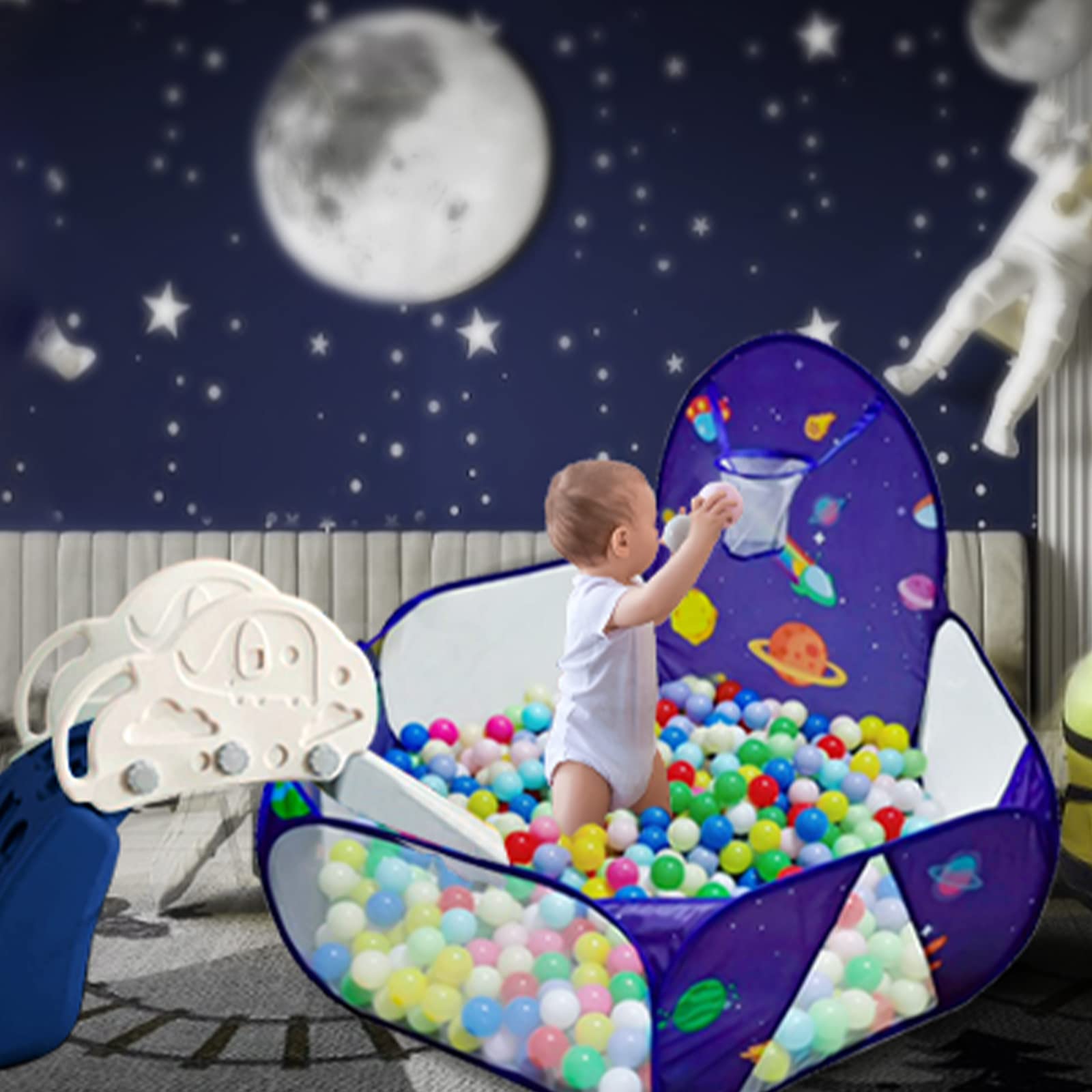 Kids Ball Pit, Pop Up Children Play Tent, Toddler Ball Pool Baby Crawl Playpen with Basketball Hoop, Portable Toys for Girls Boys, 4 ft / 120 cm, Balls Not Included, Spaceship