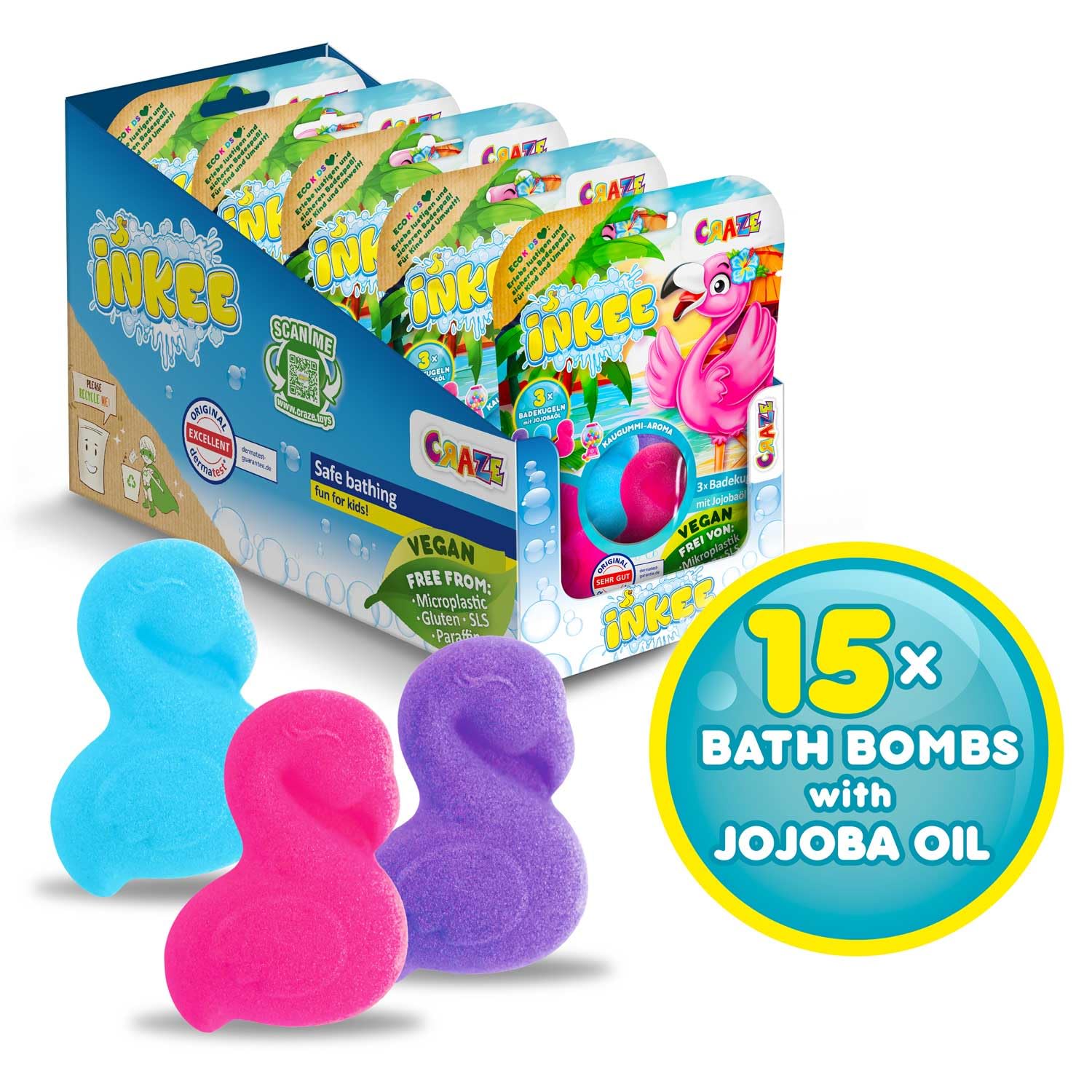 INKEE FLAMINGO Badebomben Kinder 15er Pack - 15x 15g Badekugeln - Spaßige Farben, Jojobaöl & Kaugummi-Aroma - Badespaß Kinder 3
