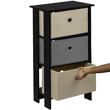 Klaxon Protea Wooden Table Storage Cabinet with 3 Fabric Drawer Chest - Black with Grey & Cream
