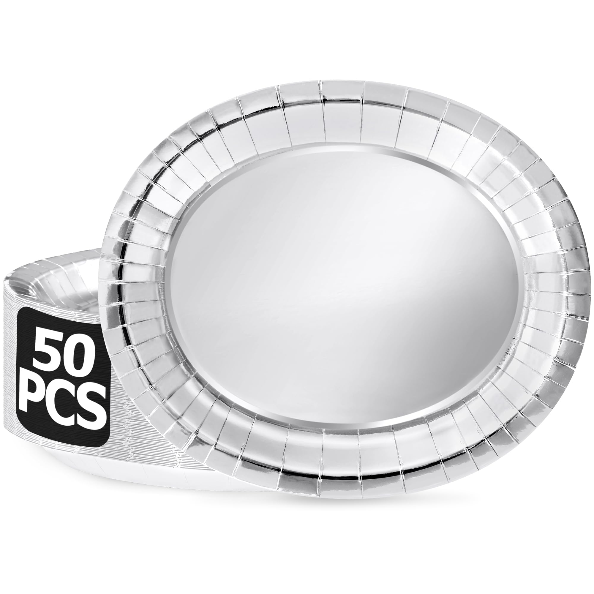 Photo 1 of 50 Pcs Oval Large Silver Foil Paper Plates, 12.2'' X 10.2'' - Daily Dinner Plates for Wedding, Graduation, Birthday Party