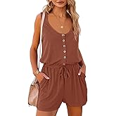 Women's Summer Scoop Neck Sleeveless Button Down Jumpsuit Rompers Adjustable Waist Short with Pockets