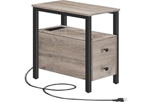 HOOBRO End Table with Charging Station, Narrow Side Table with 2 Drawers & USB Ports & Power Outlets, Nightstand for Small Sp