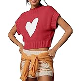 Tanou Womens Cap Sleeve Sweater Vest Mock Neck Crop Sweaters Causal Heart Knit Rib Hem Pullover Loose Fit Tank Top