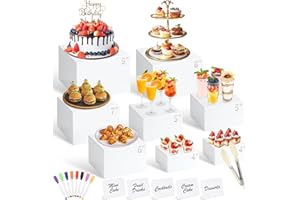 QINZAVE 8 Pcs White Buffet Risers with Mini Table Sign, Serving Tongs, Acrylic Food Risers for Buffet Table Display Stand Shelf for Party Catering Dessert Jewelry Collectibles (Size 9" 8" 7" 6" 5" 5" 4" 4")