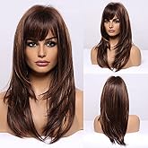 HAIRCUBE Brown Wigs for Women Highlight Wigs with Bangs Long Straight Layered Heat Resistant Synthetic Wigs