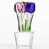 Qianwei Crystal Tulips Flowers Figurine Colorful with Vase - Glass Flower Bouquet Collectible Figurines Crystal Office Home Decor Paperweight - Tulip Gifts for Women Mom Bestfriend Wedding Anniversary