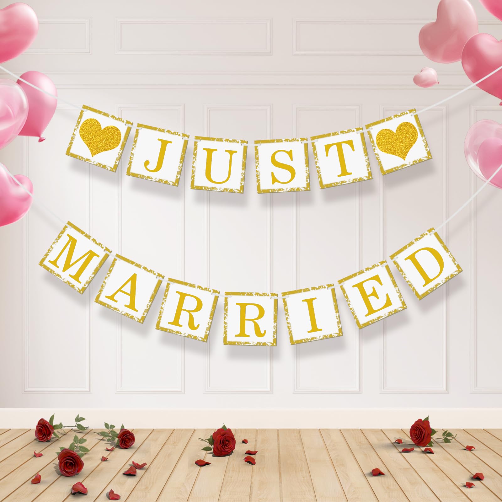 Koliphy Just Married Banner, Paper Wedding Hanging Party Supplies, Romantic Just Married Decorations, Newly Married, Bridal Shower, Anniversary, Wedding Banquet Theme Decorations (Gold)