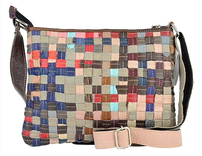 WOOD BAG Patchwork Handtasche Leder Damen Echtleder Rindleder Unikat Bunt geflochten Flechtung Umhängetasche individuelle Han
