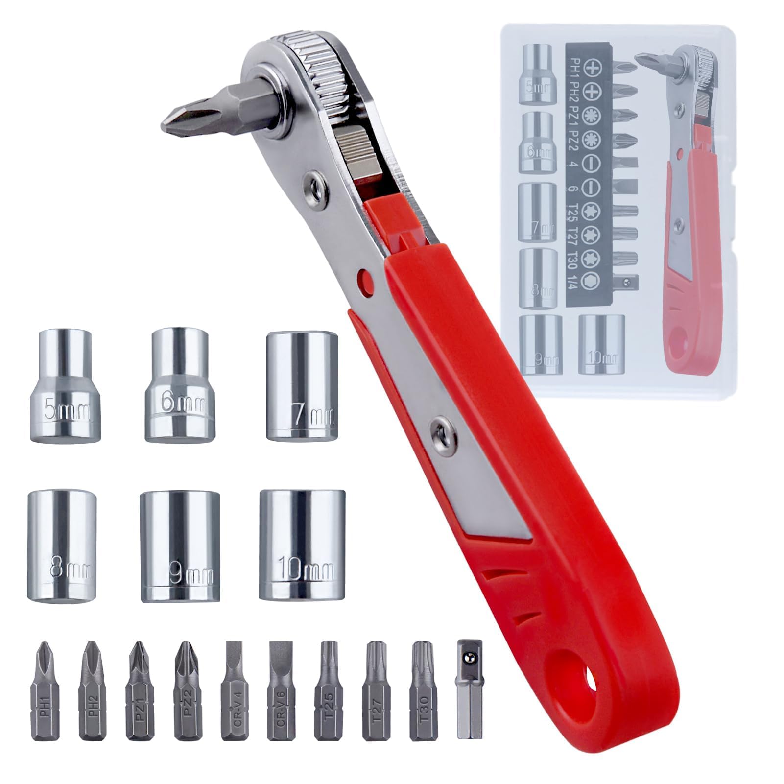 LEONTOOL 17 PCS Right Angle Ratcheting Screwdriver Set, 90 Degree Offset Screwdriver for Tight Spaces, 36-Tooth Reversible Mini Ratchet Set with 1/4" Phillips/Pozidriv/Slotted/Torx Bits and Sockets