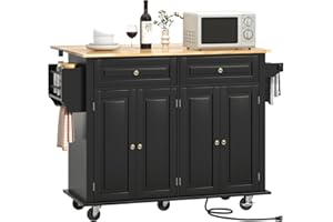 Hlivelood 51.2" Movable Kitchen Island with Drop Leaf and Power Outlet, Rolling Island Cart w/Storage Cabinet, Island Table on Wheels for Kitchen w/2 Drawers, Spice Rack, Towel Bar, Garage Hook, Black