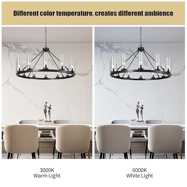 ZHLLMQ 12 LIGHT BLACK CHANDELIER WAGON WHEEL CHANDELIER WITH CLEAR GLASS SHADE ROUND INDUSTRIAL PENDANT LIGHTING FIXTURE FOR STAIR LIVING ROOM FOYER KITCHEN