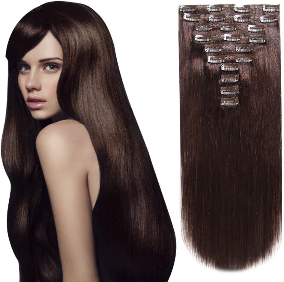 HEESAGA Clip in Hair Extensions Real Human Hair for Women Beauty 20 Inch 160 Grams/5.6 Ounce 10 Pieces with 22 Clips per Set (#2 Dark Brown)