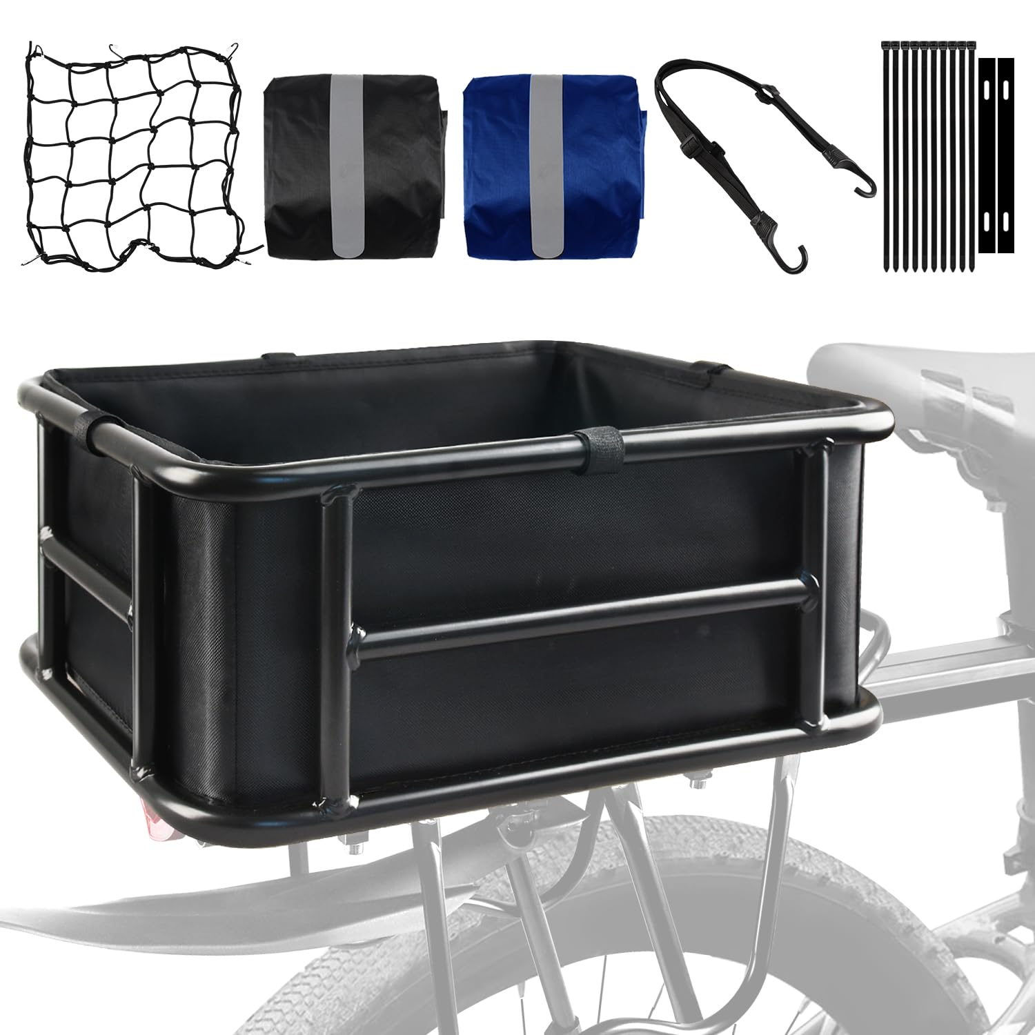 Photo 1 of Rear Rack Bike Basket, Large Rear Bike Basket with Liners & Cargo Net & 2 Rain Covers, Heavy Duty Metal Bicycle Basket for Bicycle, Ebike, Electric Bike