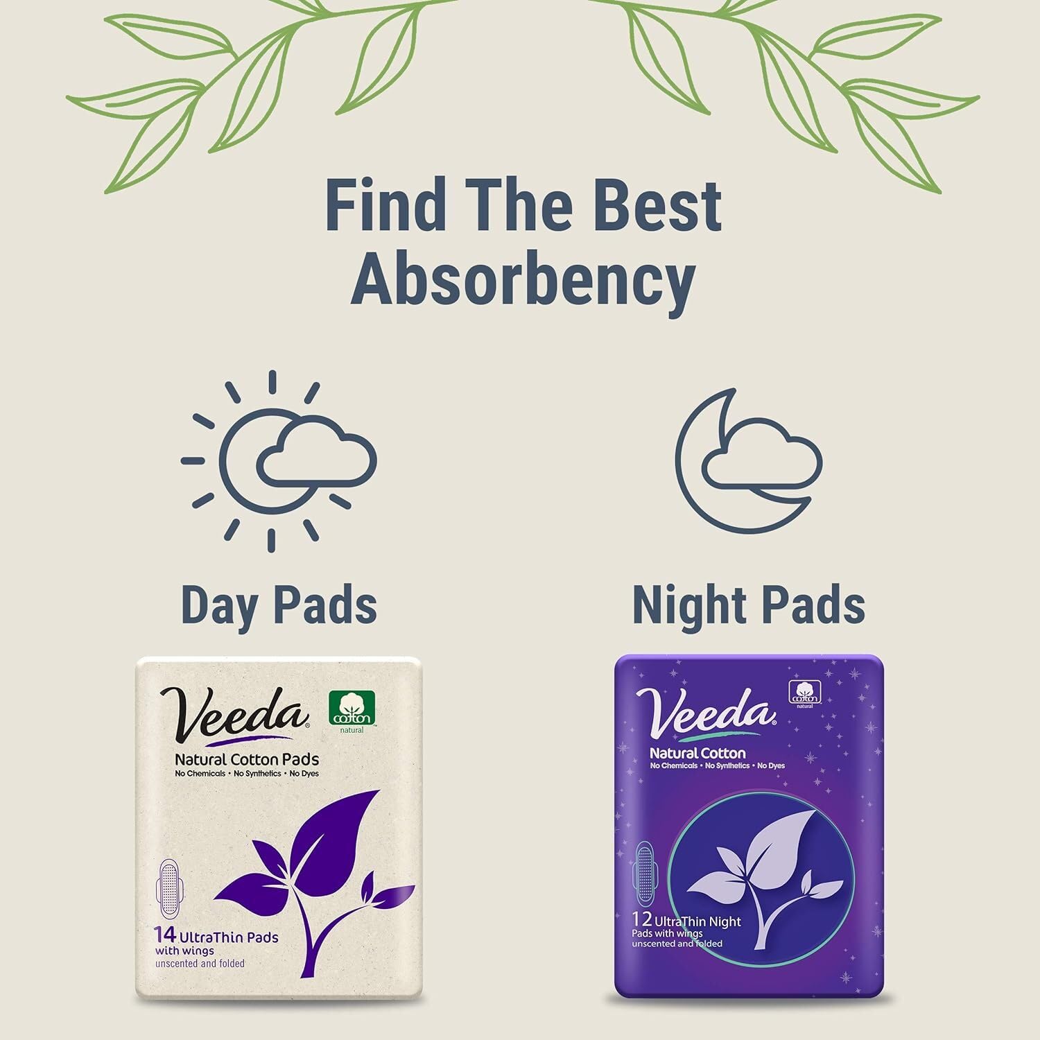 Veeda Natural Cotton Night Pads for Women - Overnight Heavy Flow Absorbent Ultra-Thin Feminine Pad - Hypoallergenic Period pads with Wings - Unscented & Chlorine free Sanitary Napkins - 36 Count