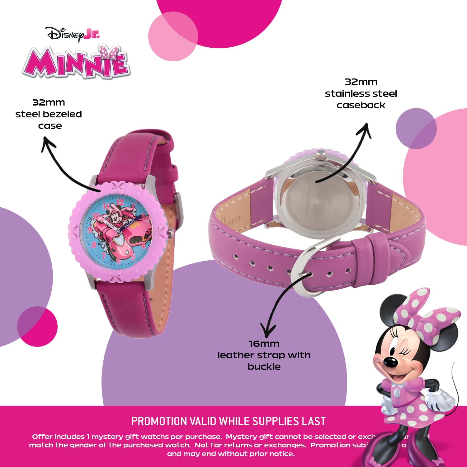 Disney Minnie Mouse Watch for Ages 3–7 with Bold Dial – Gift for Kids Who Love Minnie Toys – Pink Bezel and Pink Leather Strap – Buy and GET 1 Free Mystery Watch