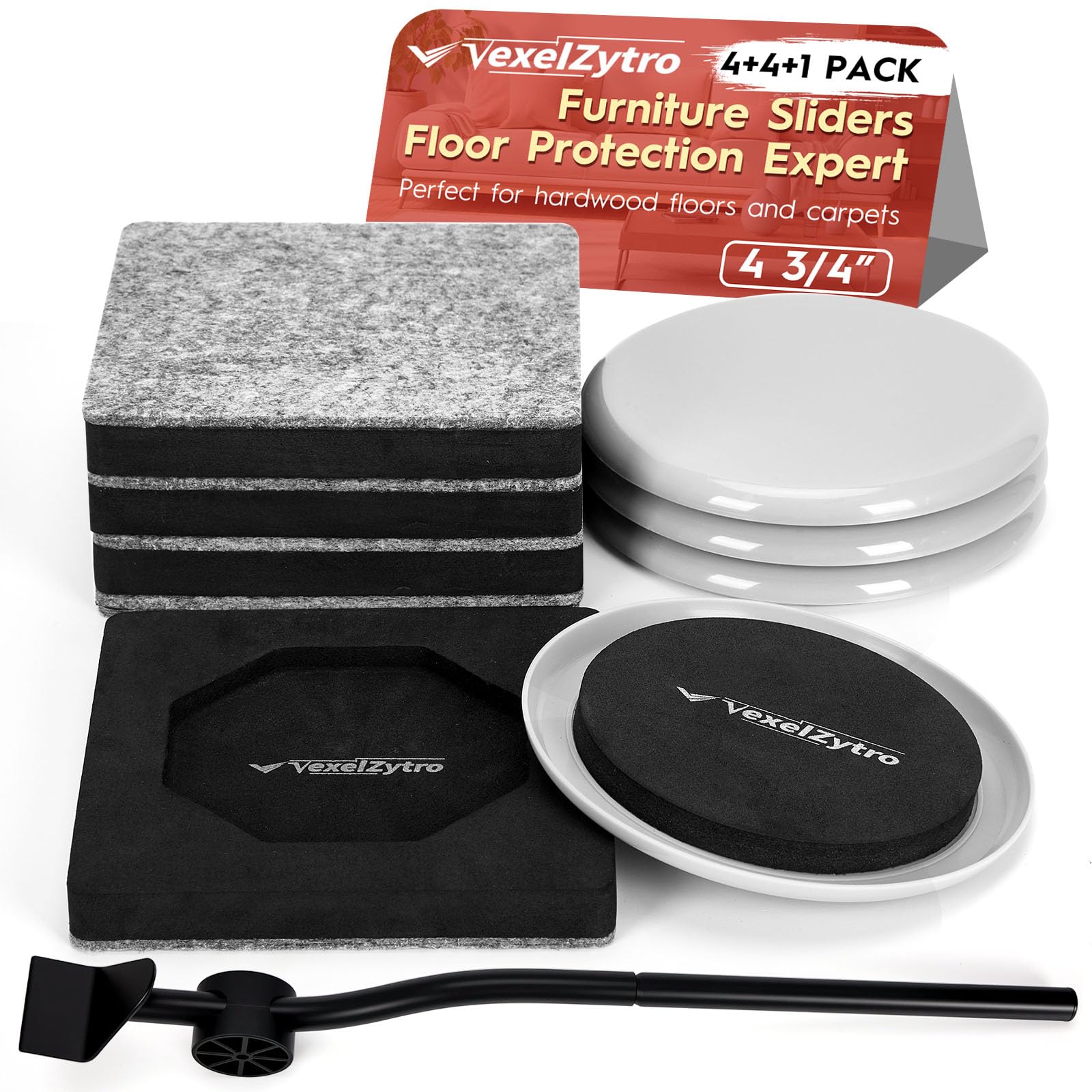 Photo 1 of Vexelzytro Furniture Lifter Tool + 8pcs 4 3/4" Furniture Sliders for Hardwood Floors and Carpet, Move Heavy Furniture Easily, Reusable Moving Pads, Floor Protectors for Carpet