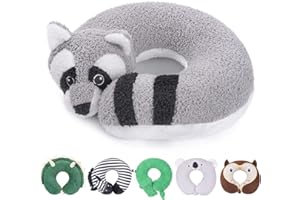 H HOMEWINS Travel Pillow for Kids,Cute Animal Neck Pillow for Boys Girls,Soft Neck Head Chin Support Pillow,Travel Accessories for Airplane, Car, Train,Recline(Raccoon)