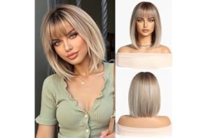 Esmee Short Straight Blonde Bob Wigs With Fringe Shoulder Length Wig Synthetic Ombre Wigs for Cosplay Daily & Party Use