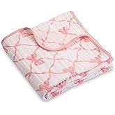 LollyBanks Muslin Baby Blanket 100% Organic Cotton, Muslin Quilt Lightweight, Muslin Blanket for Girls, 6 Layers Baby Blankets 47"x 47", Soft Nursery Receiving Blankets (Pink Bow Print)