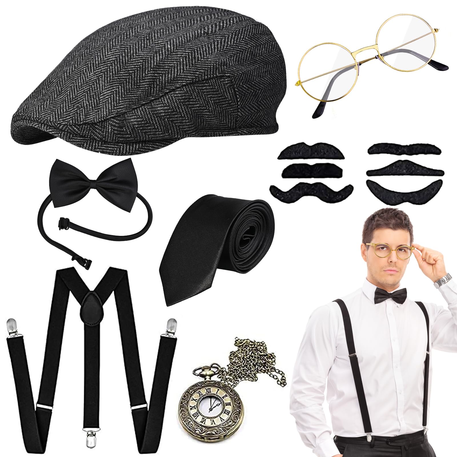 Tigvio Men's 1920s Gangster Costume with Accessories: Panama Hat, Braces, Pocket Watch, Glasses, Bow Tie, Beards for Adult Males