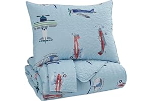 Signature Design by Ashley McAllen Children's 2 Piece Airplane Quilt & Sham Set, Full, Blue