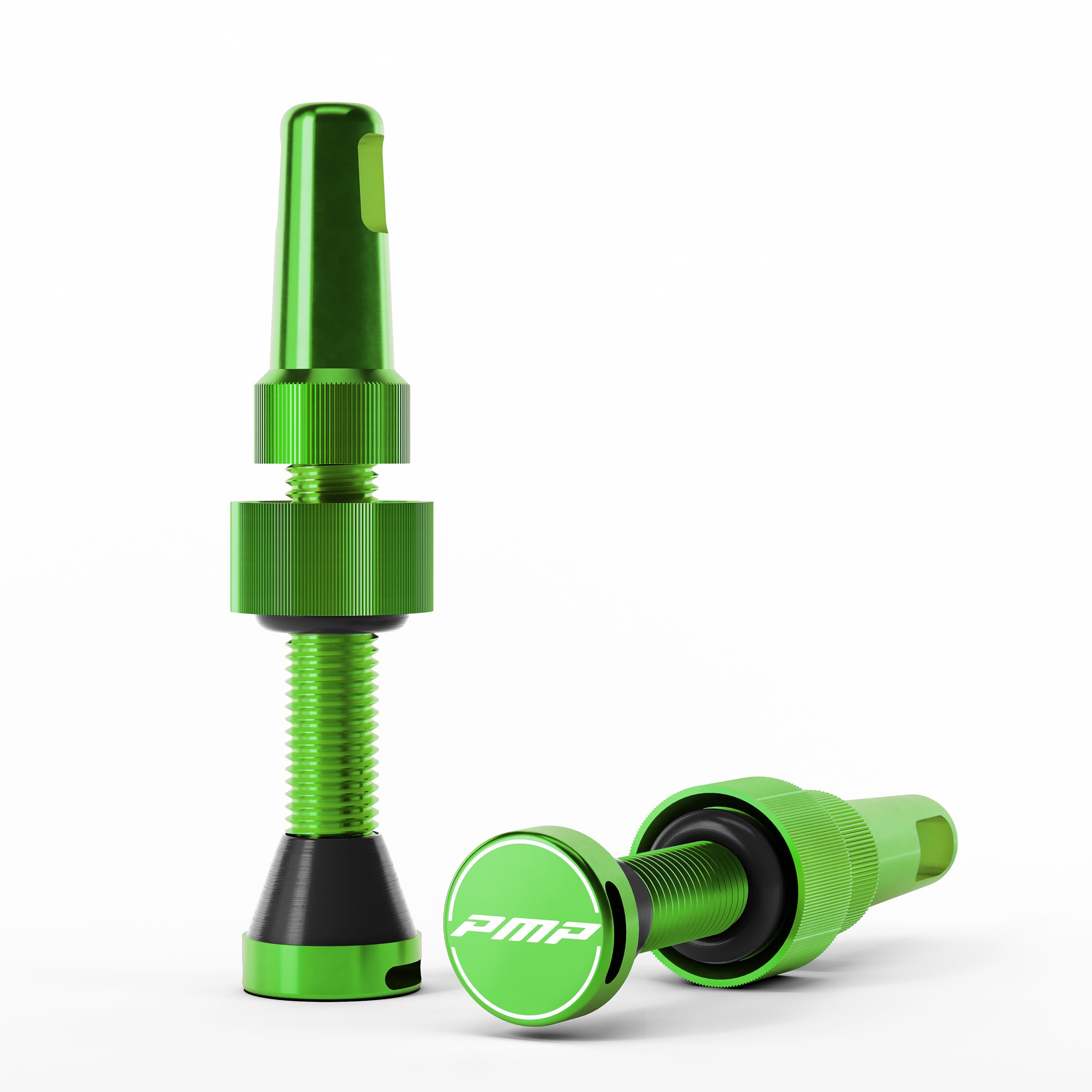PMP Universal MTB Tubeless Valves, 2x Aluminium, Green, 50mm, Tool-free, Presta, Foam Compatible
