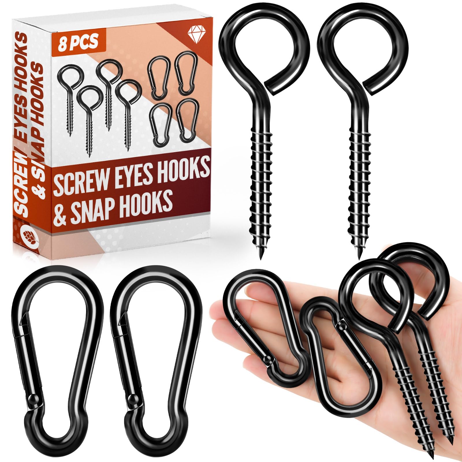 FFWHKON 5 Inch Eye Bolts Screw in Hooks & 3.1 Inch Snap Hooks,8PCS Heavy Duty Screw in Eye Hooks for Securing Cable Wires, Multitool Climbing Carabiners, Gym, Traveling, Swing, Hammock, Hiking
