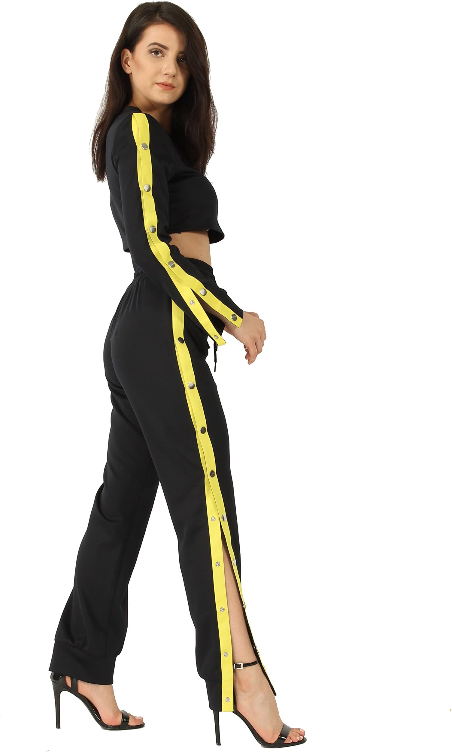 Missi London New Womens Ladies Popper Crop Top & Jogger Co-Ord Tracksuit Lounge Suit (10, Yellow)
