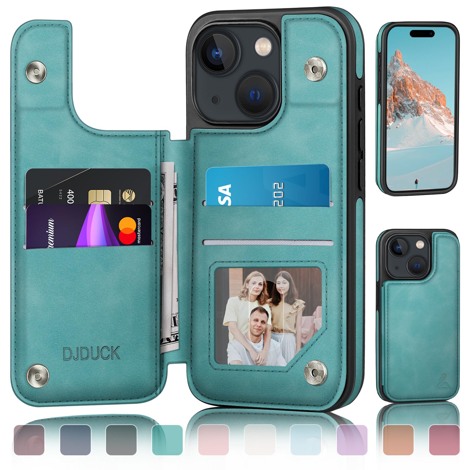 DJDUCK Designed for iPhone 15 Case Wallet with Card Holder, [Magnetic Clasp Cover] [RFID Blocking Leather Protection] Shockproof Women Men Cases 6.1 Inch for Apple 15 Light Green