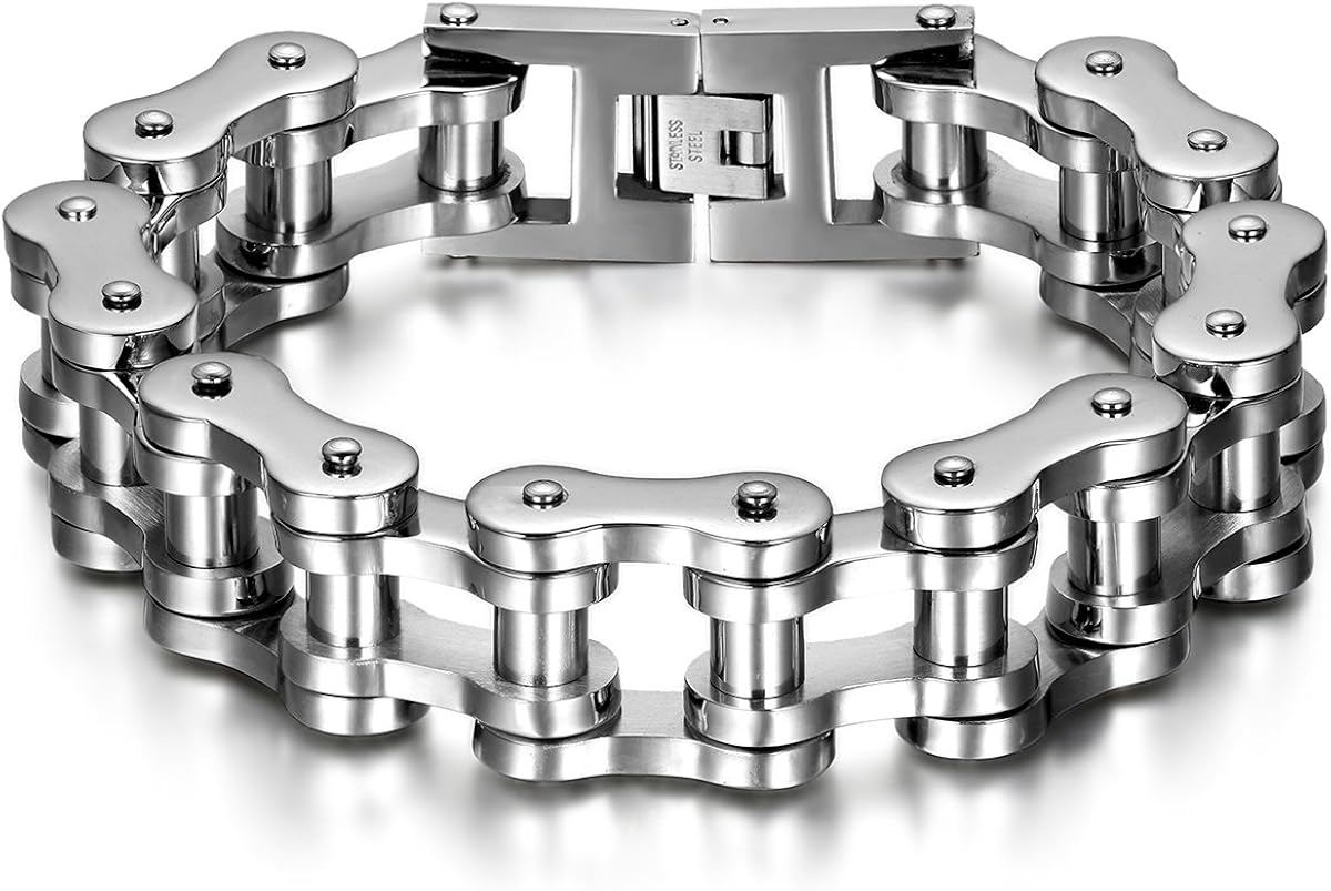 JewelryWe Men's Bike Chain Bracelet: Bold Chunky Stainless Steel Bicycle Link Wristband Biker Bracelets for Men