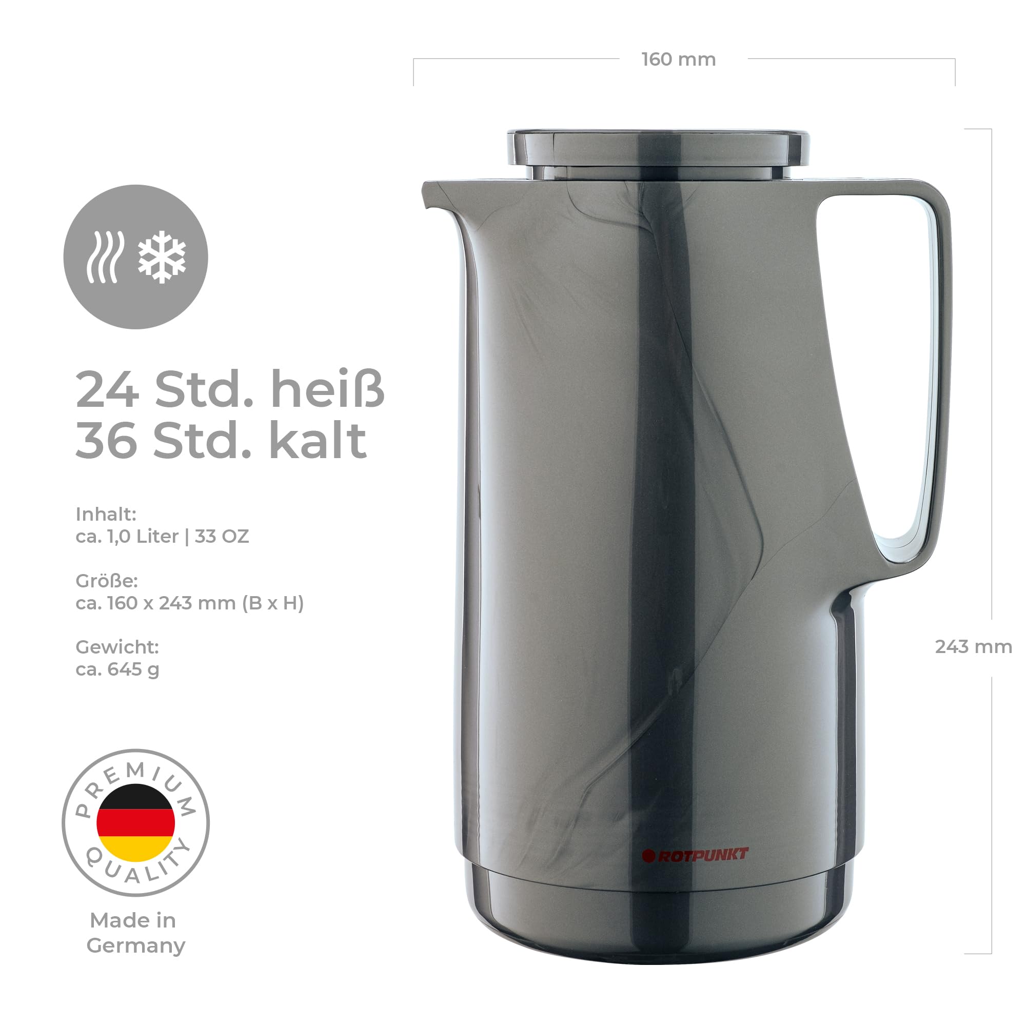 ROTPUNKT Isolierkanne 1 Liter mit Glaseinsatz – Thermokanne & Warmhaltekanne für Kaffee und Tee - Made in Germany - hält Getränke bis zu 24 Std heiß & 36 Std kalt (Maxima 760, Titan) 4