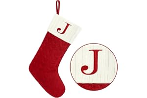 PAULMELE Christmas Stockings with Initials,20 Inches Large Knit Embroidered Letter Red White Christmas Stocking,Monogram Christmas Stocking for Famliy Holiday and Xmas Tree Fireplace (Letter J)
