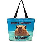 ZhuVantrix Funny Capybara Tote Bag Reusable Grocery Bags Cute Aesthetic Shopping Shoulder Handbag with Interior Zipper Pocket Stylish Don't Worry Be Capy Present for Capybara Lovers Women