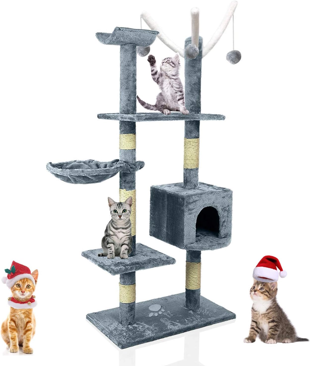 Blackpoolaluk Multi Cat Tree Stable Cat Scratch Posts Function Cat Climbing Tower Toys with Cat Home for Indoor/Outdoor Cats Activity (130cm - Grey)