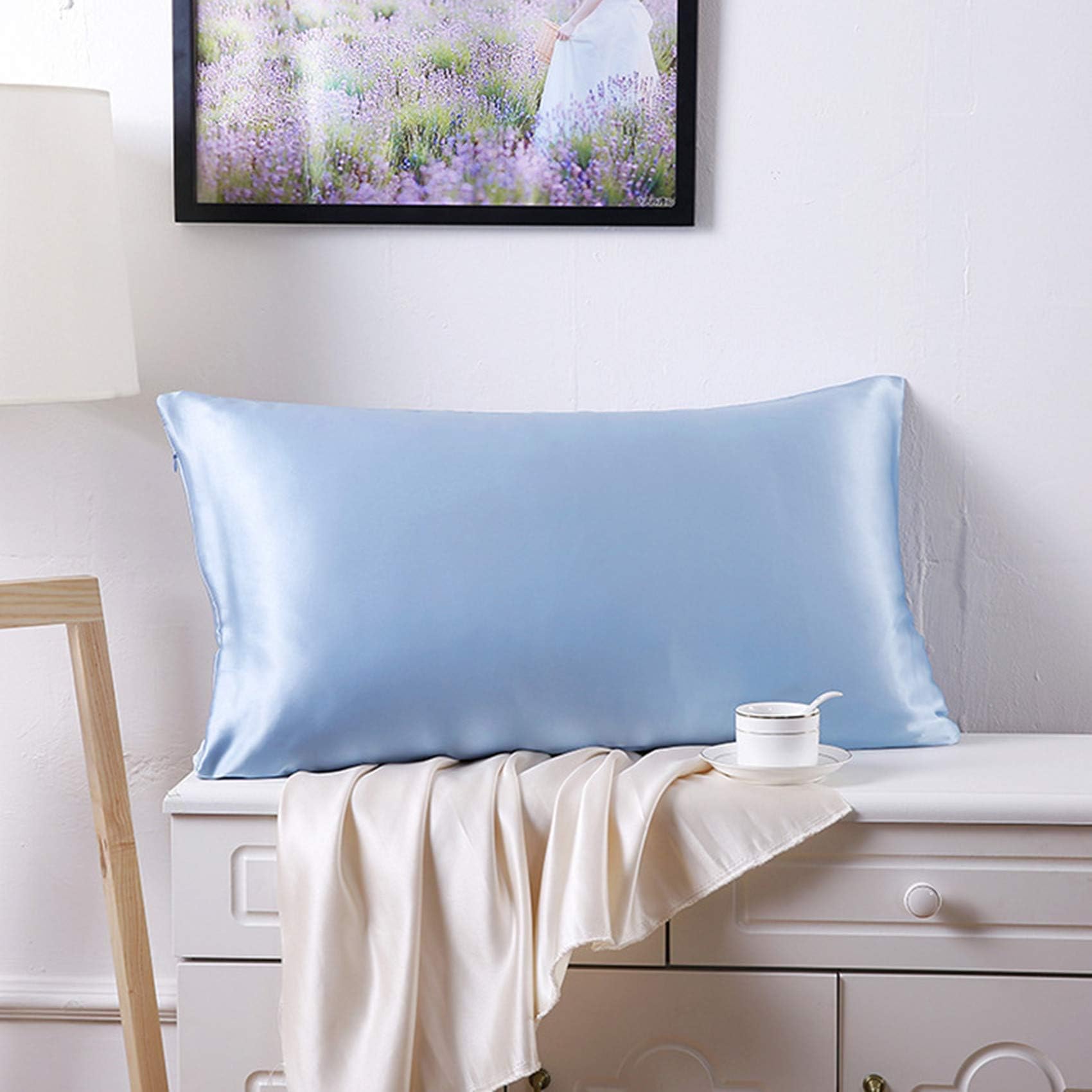 FLCA 100% Mulberry Silk Charmeuse Silk Pillowcase Both Sides Silk Pillow Shams Cover for Skin Health with Hidden Zipper (Light Blue, Standard)