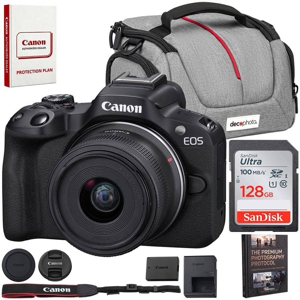 Canon EOS R50 Mirrorless Camera with RF-S 18-45mm F4.5-6.3 is STM Lens (5811C012) Bundle with Sandisk 128GB Memory Card + Deco Essentials Camera Bag + Photography Pro Ebook