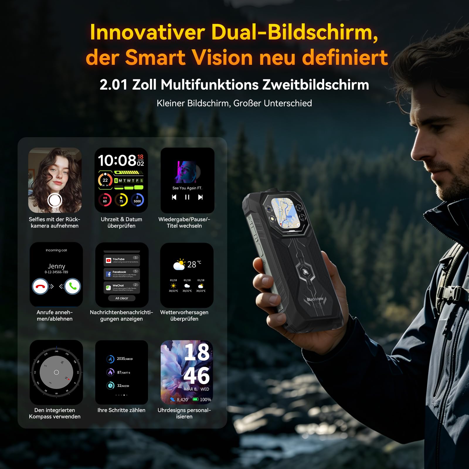 Blackview Rock 1 Android 16 Outdoor Handy für Baustelle &Camping, 15000mAh Dual-Screen Smartphone Ohne Vertrag, 20MP Nachtsicht,IP69K Wasserdicht, 24GB+256GB,Gemini AI/NFC/3 Jahre Garantie 5