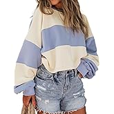 Avanova Women Color Block Striped Cropped Sweatshirt Oversized Crewneck Pullover