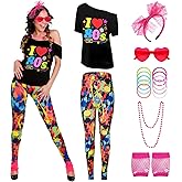 VEXOOM 80s Outfit for Women 80s Costumes Outfits Womans 80's shirts Print Leggings with accessories 1980s Halloween Costumes