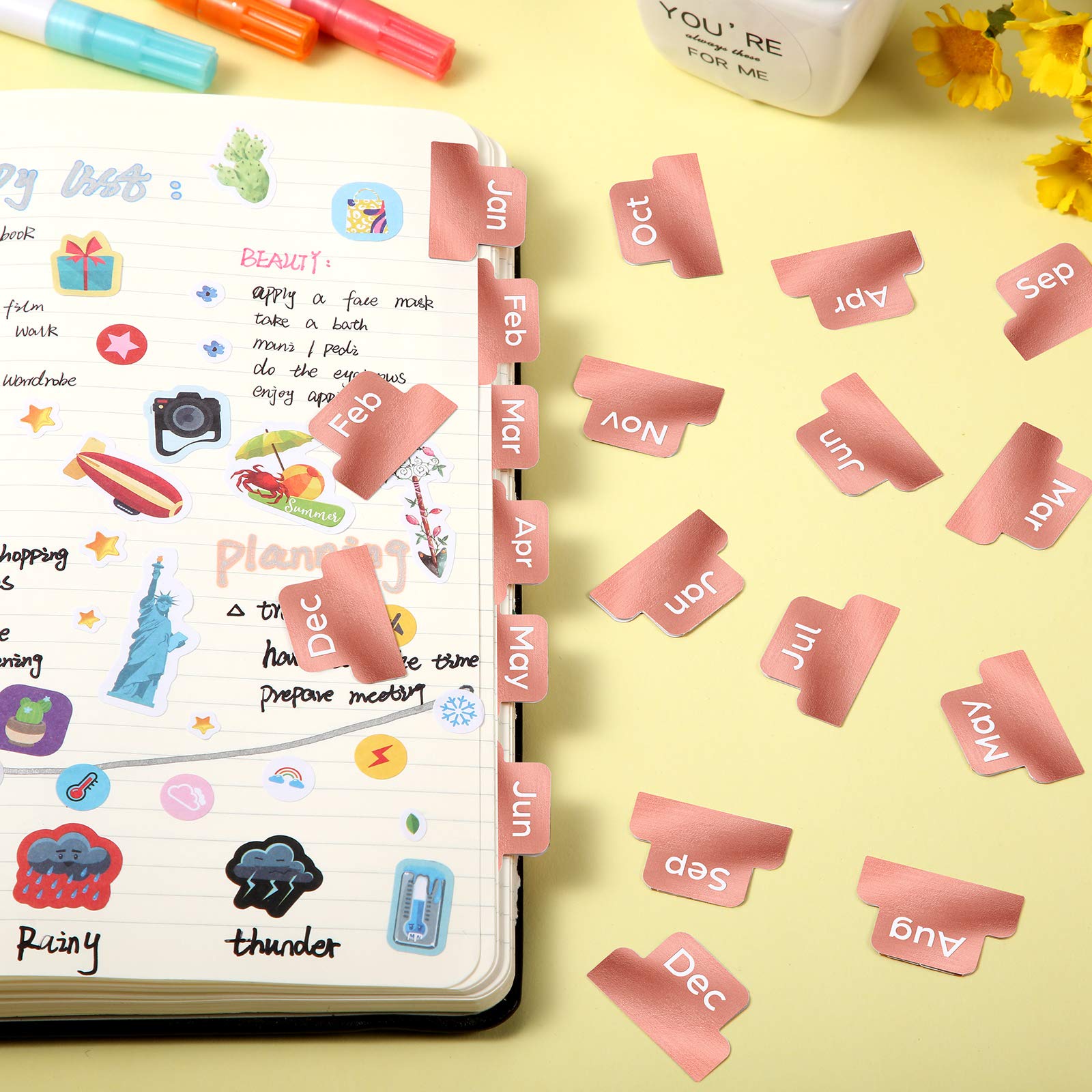 48 Pieces Adhesive Tabs Designer Accessories Monthly Tabs Planner Stickers Decorative Monthly Index Tab for Office Study Planners Organizations (Rose Gold)
