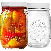 PR1M3 Regular Mouth Mason Jars 16 OZ – (2 Pack) Pint Size Jars with Airtight Lids and Bands & White Plastic Lids for Canning,