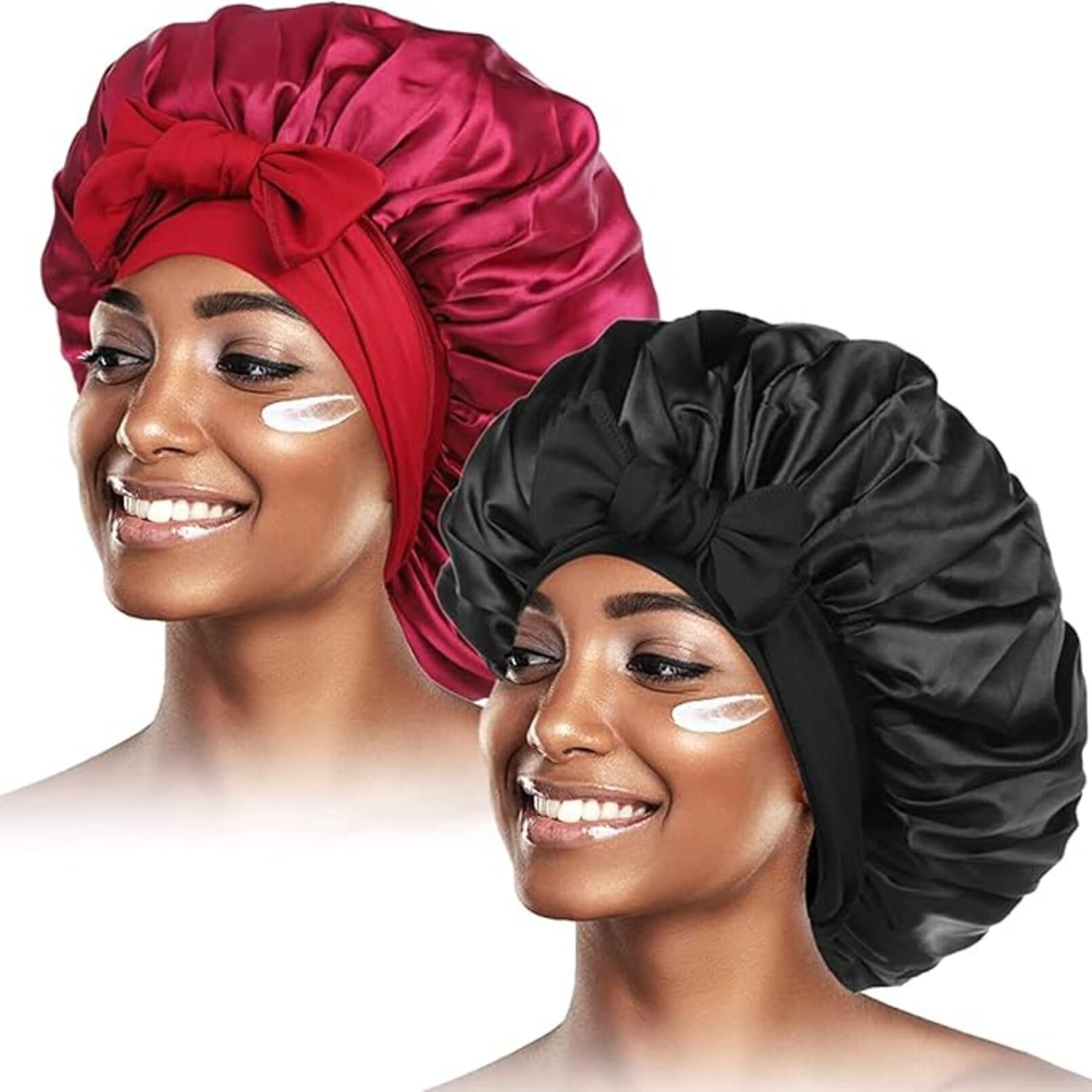 EOGRFW 2PCS Satin Bonnet for Black Women,Jumbo Hair Bonnet,Adjustable Silk Bonnet Satin Cap for Sleeping,2 Pack Shower Caps (black+red)
