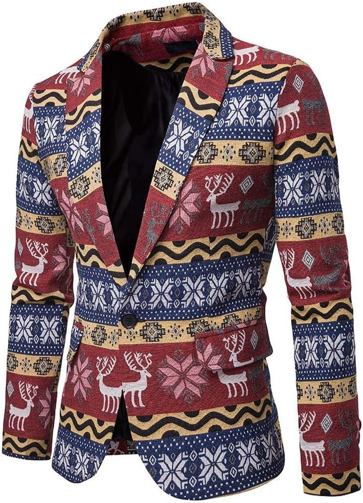 HOOUDO Men Blazer,Autumn Winter Sale Vintage Christmas Stylish Print V Neck One Button Slim Fit Party Tuxedo Jackets Blazers Suit Jackets Coat
