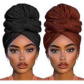 COOKOO 2 Piece Stretch Hijab Extra Jersey Turban African Women's Soft Head Wraps Fashion Head Scarf Long Solid Color Head Band Head Scarf for Women(Black+Coffee)