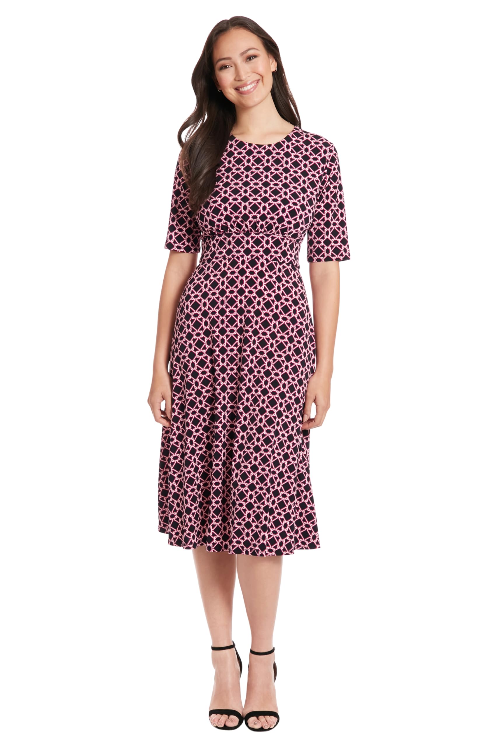 London Times Womens Elbow Sleeve A-Line Midi-Pretty Garden Party Special Occasion Wedding Guest Dress, Hexagon Geo-Black/Pink, 8