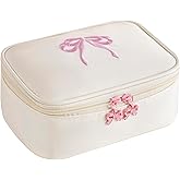 RSRSLEII Travel Nylon Makeup Bag with Bow Pattern, Aesthetic Waterproof Cosmetics Pouch and Toiletry Bag, Cute Makeup Organizer Storage Case for Women Girls(01Pink Bow)