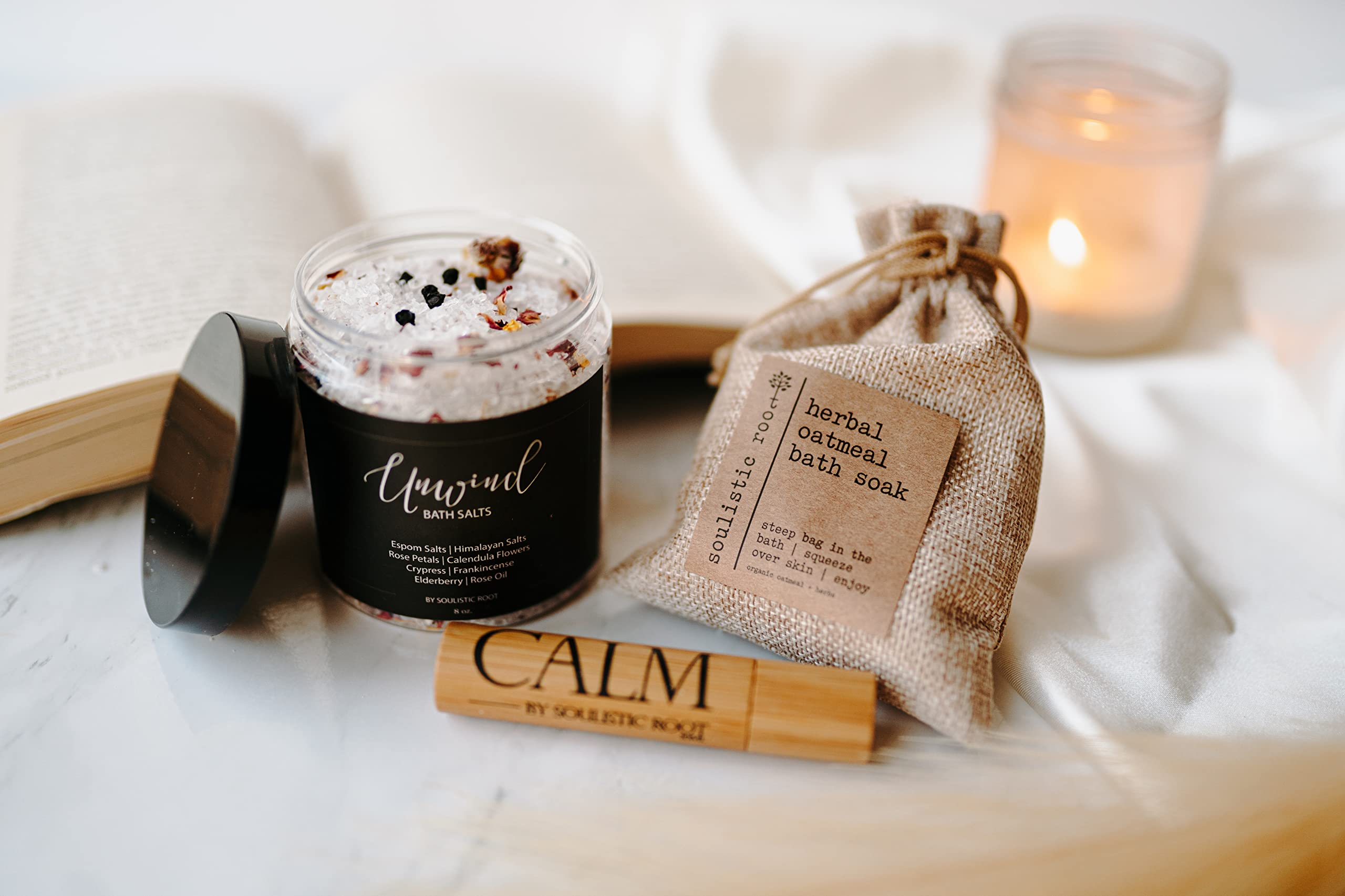 Relaxing Bath Gift Set, Luxury Spa Gifts for Women, Self Care Products for Women and Men, Calm Essential Oil Roller, Oatmeal Lavender Bath Soak & Epsom Salts with Essential Oils