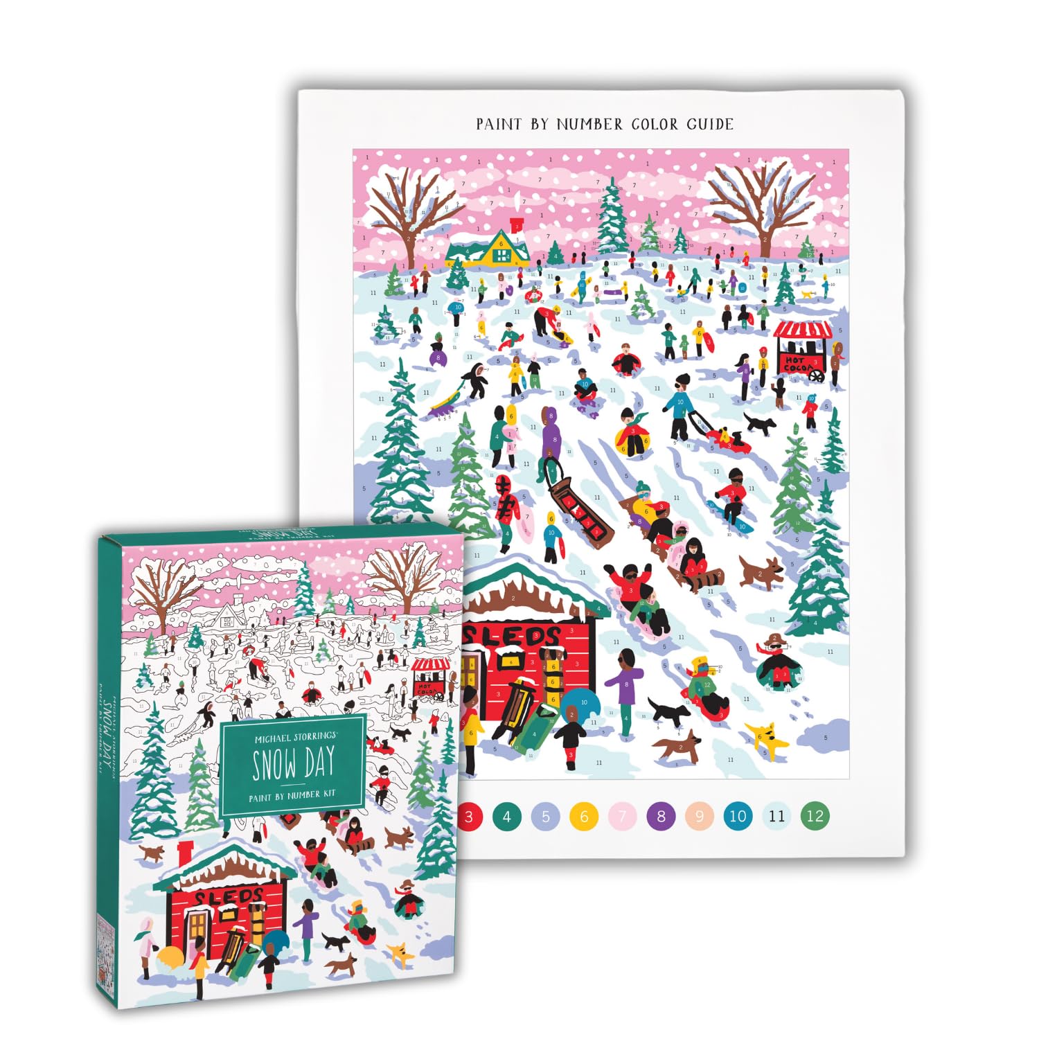 Galison Michael Storrings Snow Day – DIY Paint by Number Kit with Stunning Snow Day Sledding Art for Beginners and Experts Includes Easel Paint and Brushes,White